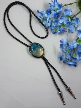 Blue-Green Oval Glass Stone and Braided Leather Bolo Tie